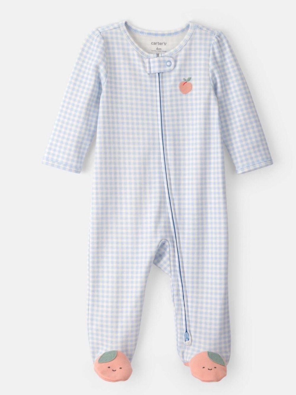 Carters Blue Gingham Baby One-Piece Footed Sleeper with Peaches